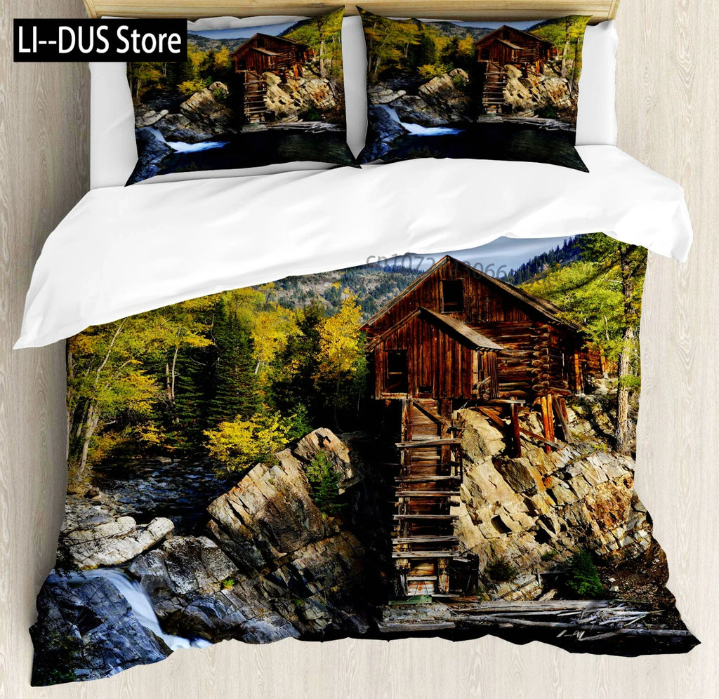 Nature Duvet Cover Set, Waterfall Flowing Decorative 3 Piece Bedding Set with 2 Pillow Shams, Queen Full Size, Fern Green Blue
