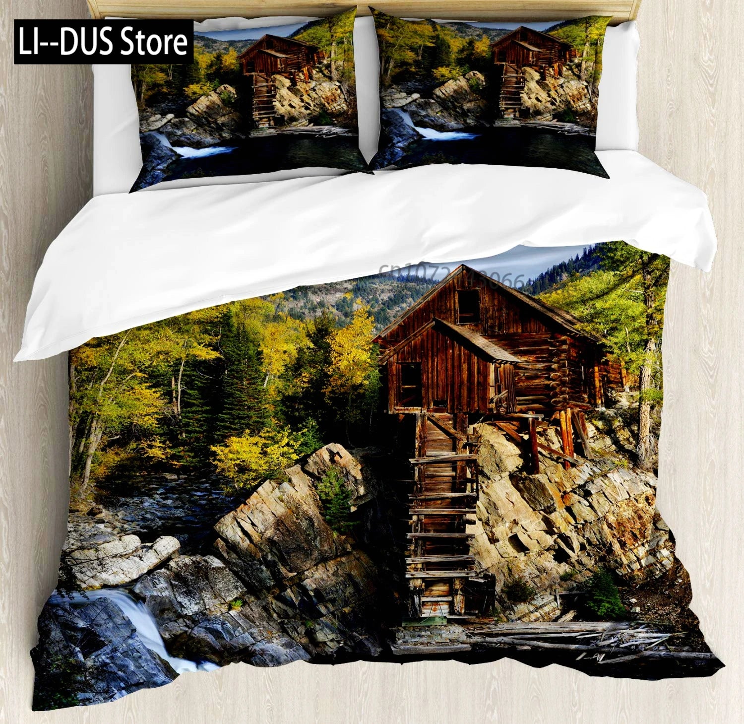 Nature Duvet Cover Set, Waterfall Flowing Decorative 3 Piece Bedding Set with 2 Pillow Shams, Queen Full Size, Fern Green Blue