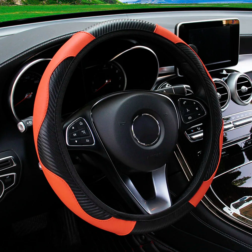 PU Carbon Fibre Steering Wheel Cover – Fits 14.5–15 Inch Wheels