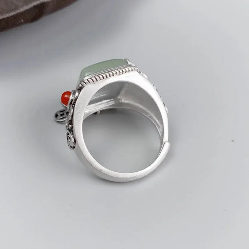 Hotan Jade & Lapis Lazuli Statement Ring – Vintage 925 Silver