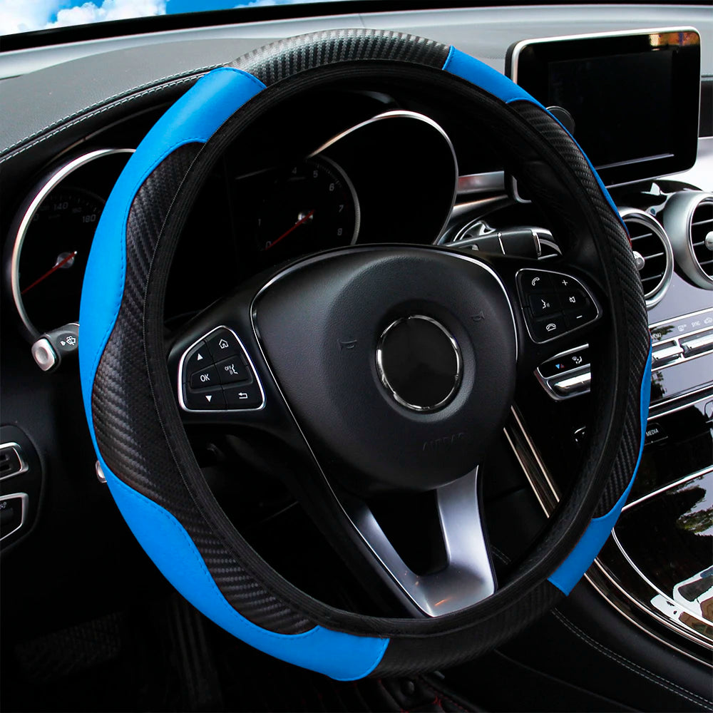 PU Carbon Fibre Steering Wheel Cover – Fits 14.5–15 Inch Wheels