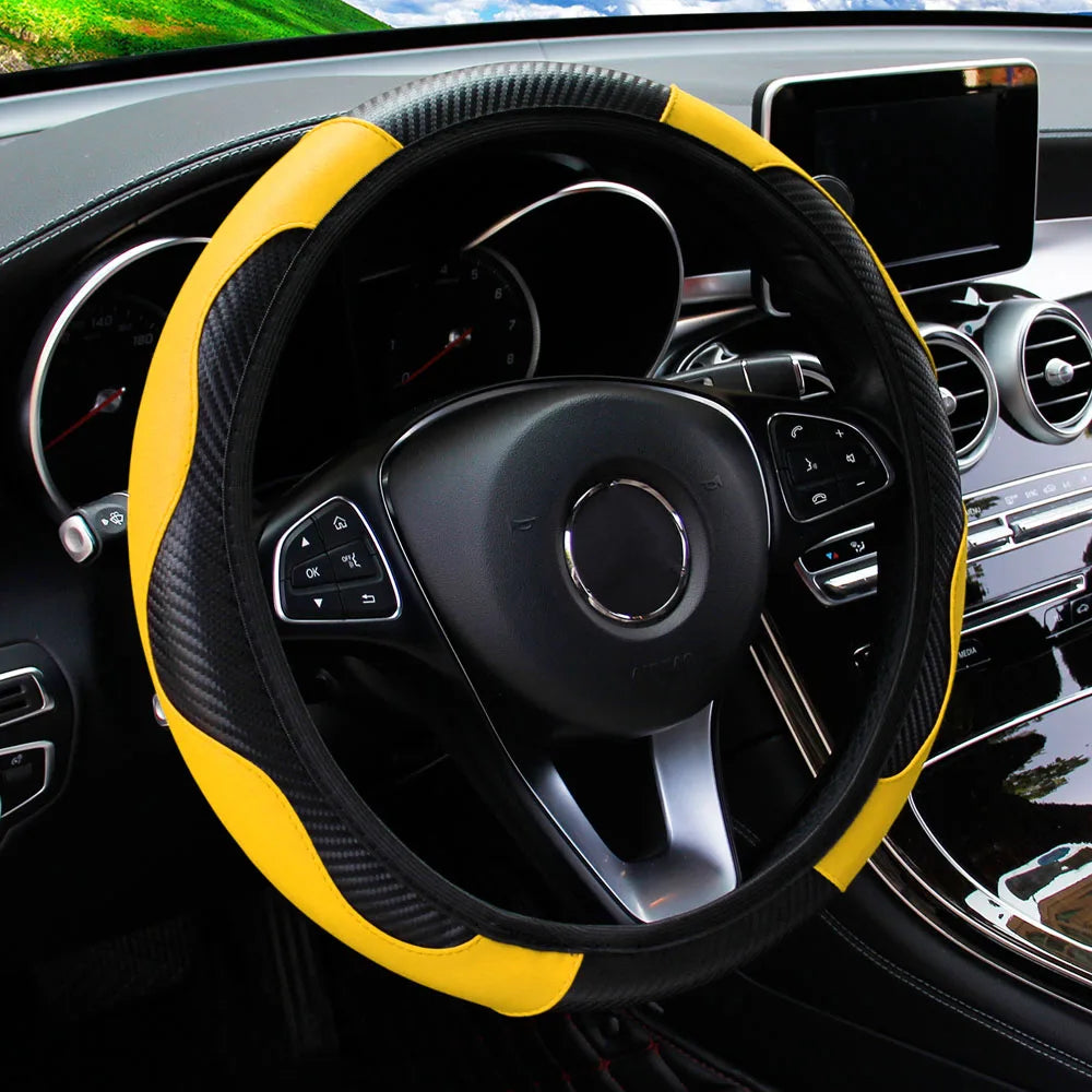 PU Carbon Fibre Steering Wheel Cover – Fits 14.5–15 Inch Wheels