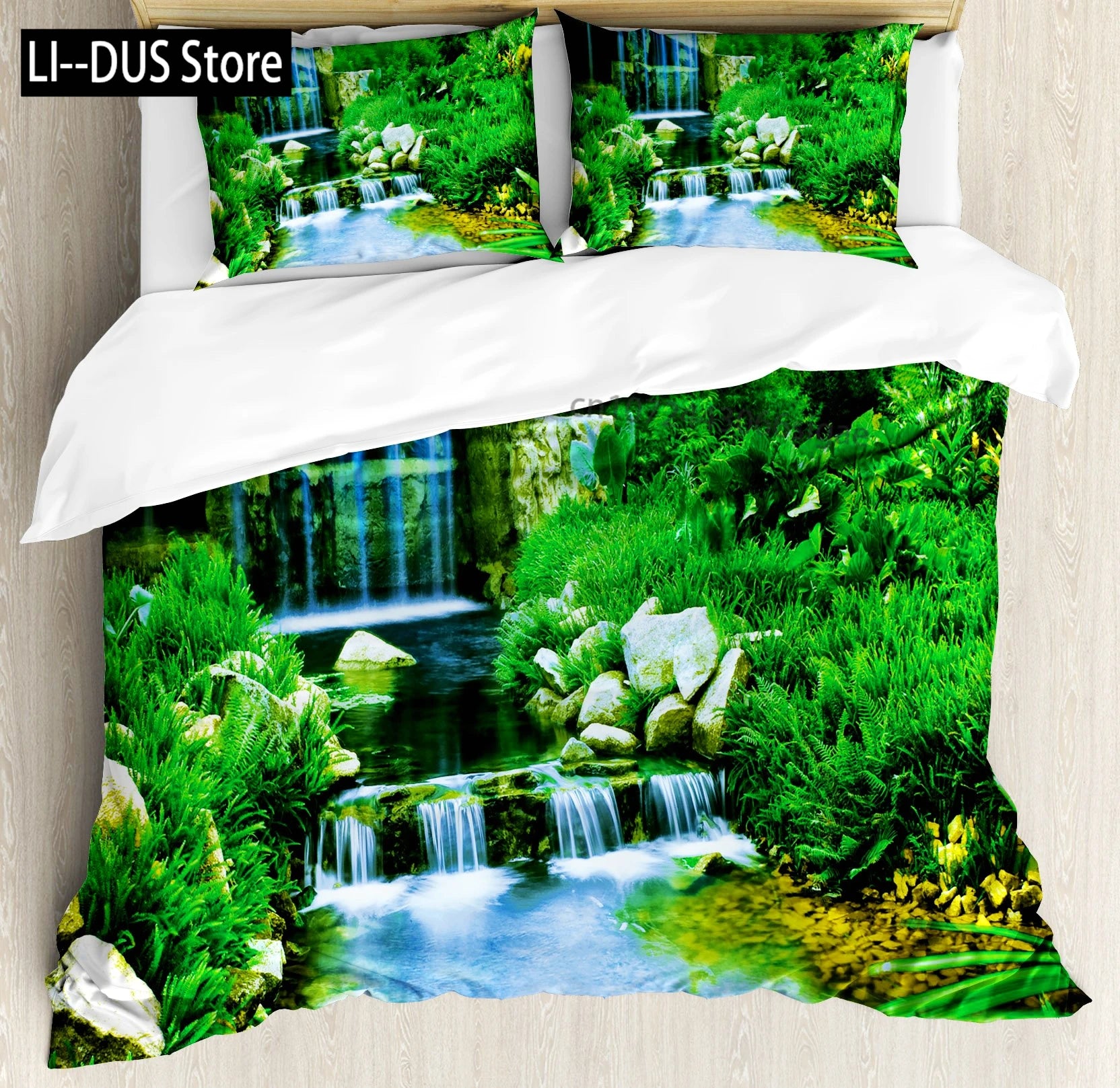 Nature Duvet Cover Set, Waterfall Flowing Decorative 3 Piece Bedding Set with 2 Pillow Shams, Queen Full Size, Fern Green Blue