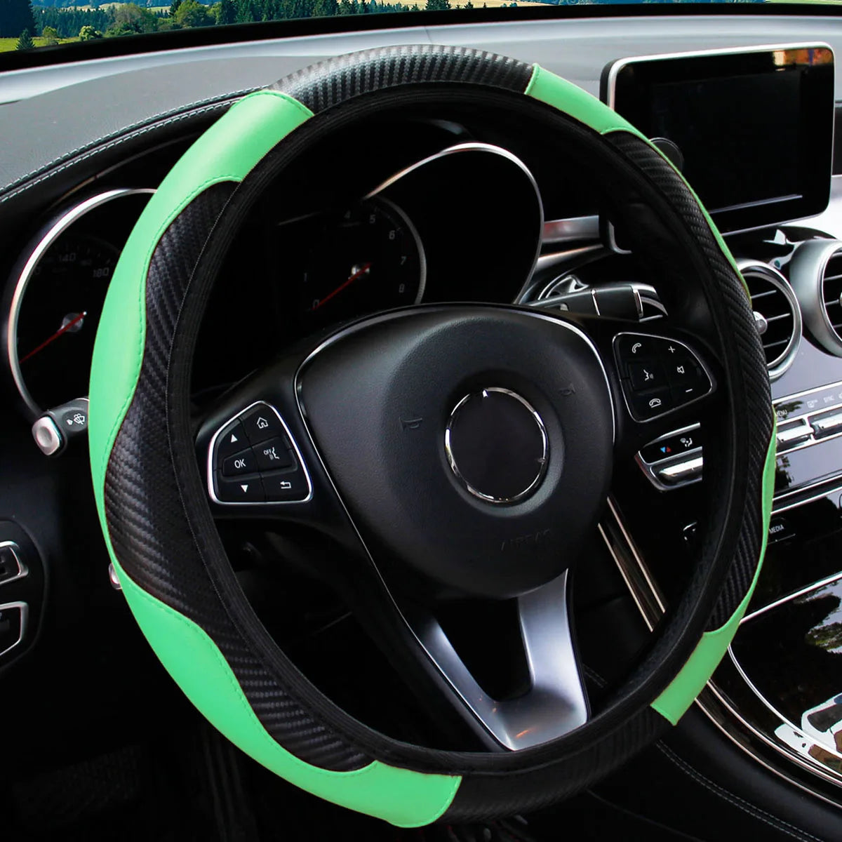 PU Carbon Fibre Steering Wheel Cover – Fits 14.5–15 Inch Wheels