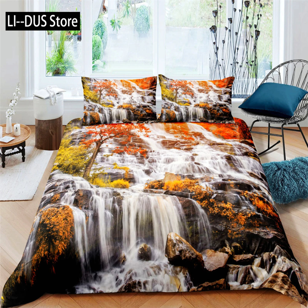 Nature Duvet Cover Set, Waterfall Flowing Decorative 3 Piece Bedding Set with 2 Pillow Shams, Queen Full Size, Fern Green Blue