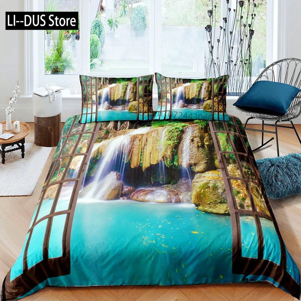 Nature Duvet Cover Set, Waterfall Flowing Decorative 3 Piece Bedding Set with 2 Pillow Shams, Queen Full Size, Fern Green Blue