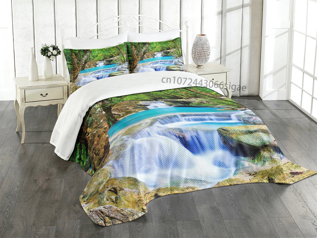 Nature Duvet Cover Set, Waterfall Flowing Decorative 3 Piece Bedding Set with 2 Pillow Shams, Queen Full Size, Fern Green Blue