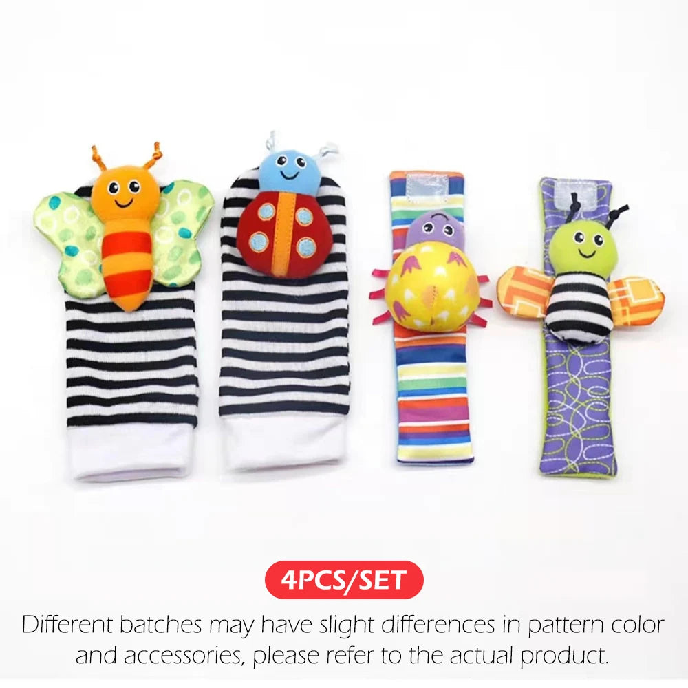 4pcs Baby Rattle Toys Cute Stuffed Animals Wrist Rattle Foot Finder Socks 0~24 Months for Infant Boy Girl Newborn Gift