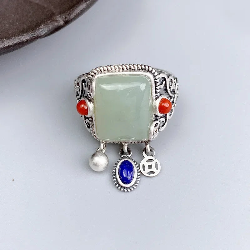 Hotan Jade & Lapis Lazuli Statement Ring – Vintage 925 Silver