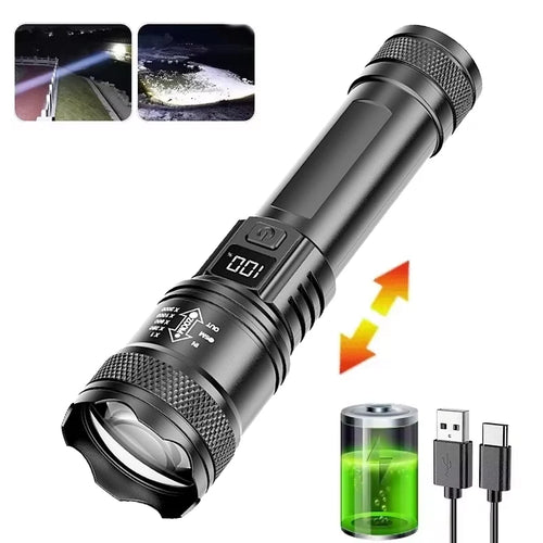 100000LM Super Bright Flashlight Type-C Rechargeable LED Torch Long Range Tactical Lamp for Outdoor Waterproof Camping Lantern