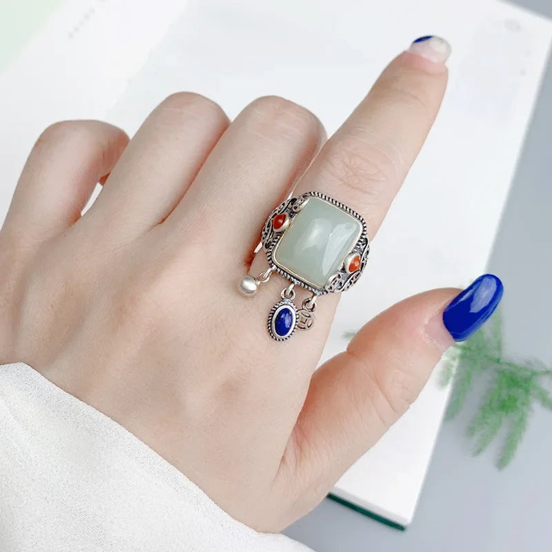 Hotan Jade & Lapis Lazuli Statement Ring – Vintage 925 Silver
