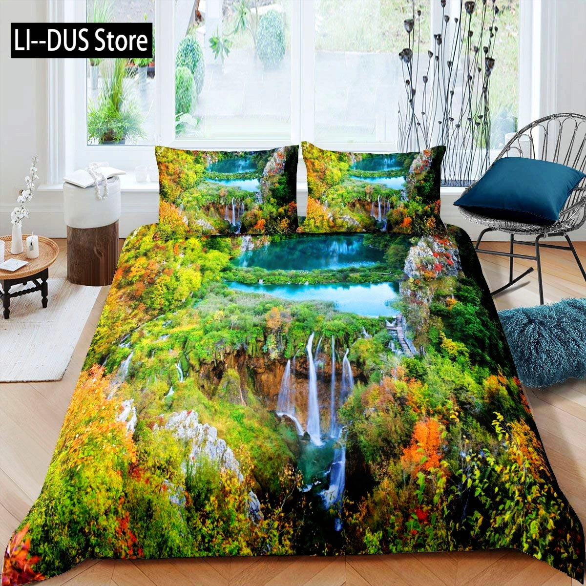 Nature Duvet Cover Set, Waterfall Flowing Decorative 3 Piece Bedding Set with 2 Pillow Shams, Queen Full Size, Fern Green Blue