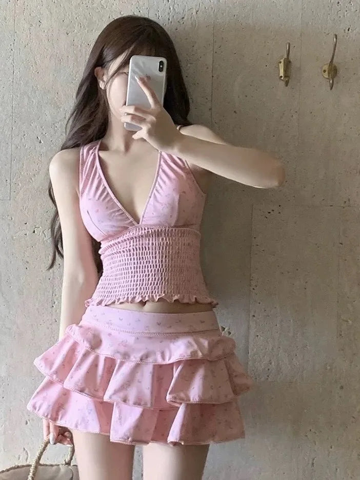 Summer Women's Clothing Slimming Tankini Swimsuit Woman Modest Skirted Bikini Sets For Woman Polyester Vintage Floral Print