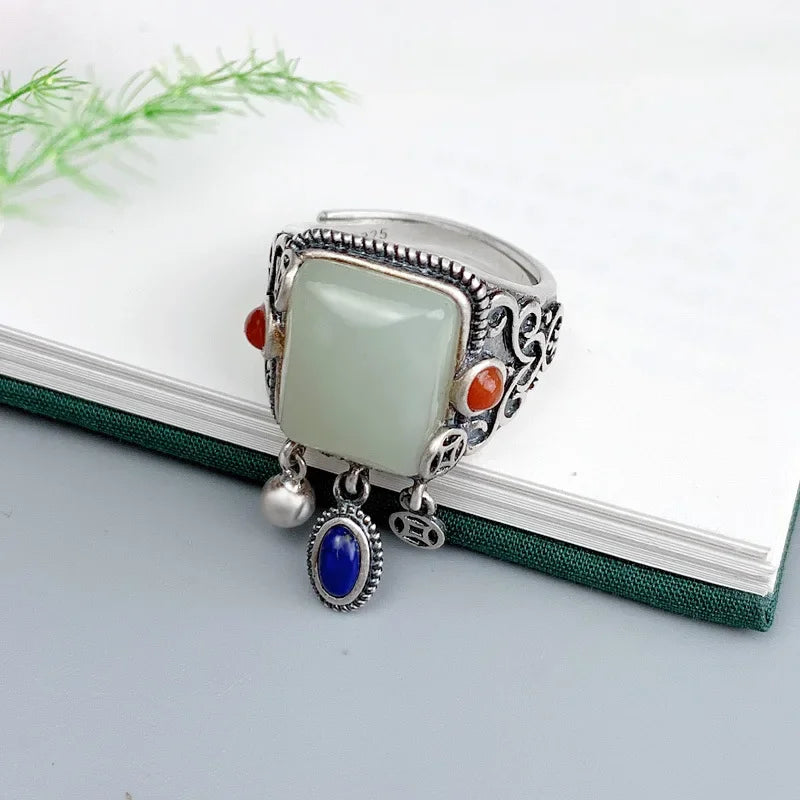 Hotan Jade & Lapis Lazuli Statement Ring – Vintage 925 Silver