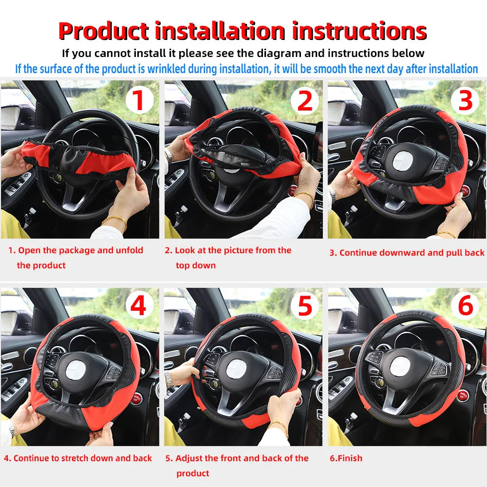 PU Carbon Fibre Steering Wheel Cover – Fits 14.5–15 Inch Wheels