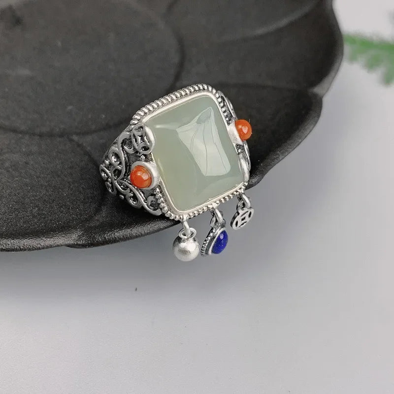 Hotan Jade & Lapis Lazuli Statement Ring – Vintage 925 Silver