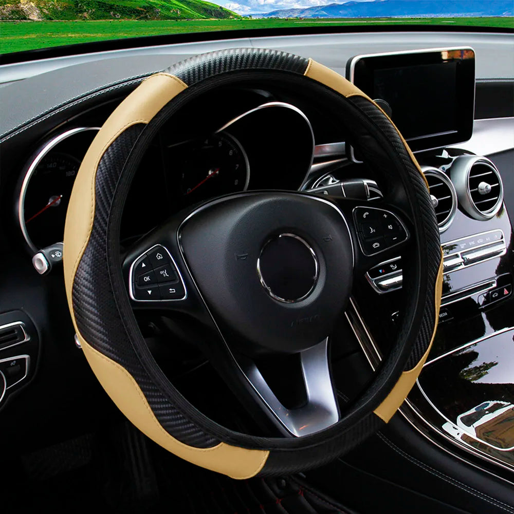 PU Carbon Fibre Steering Wheel Cover – Fits 14.5–15 Inch Wheels