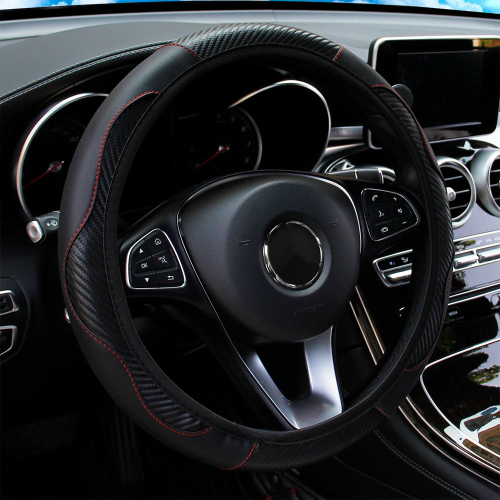 PU Carbon Fibre Steering Wheel Cover – Fits 14.5–15 Inch Wheels