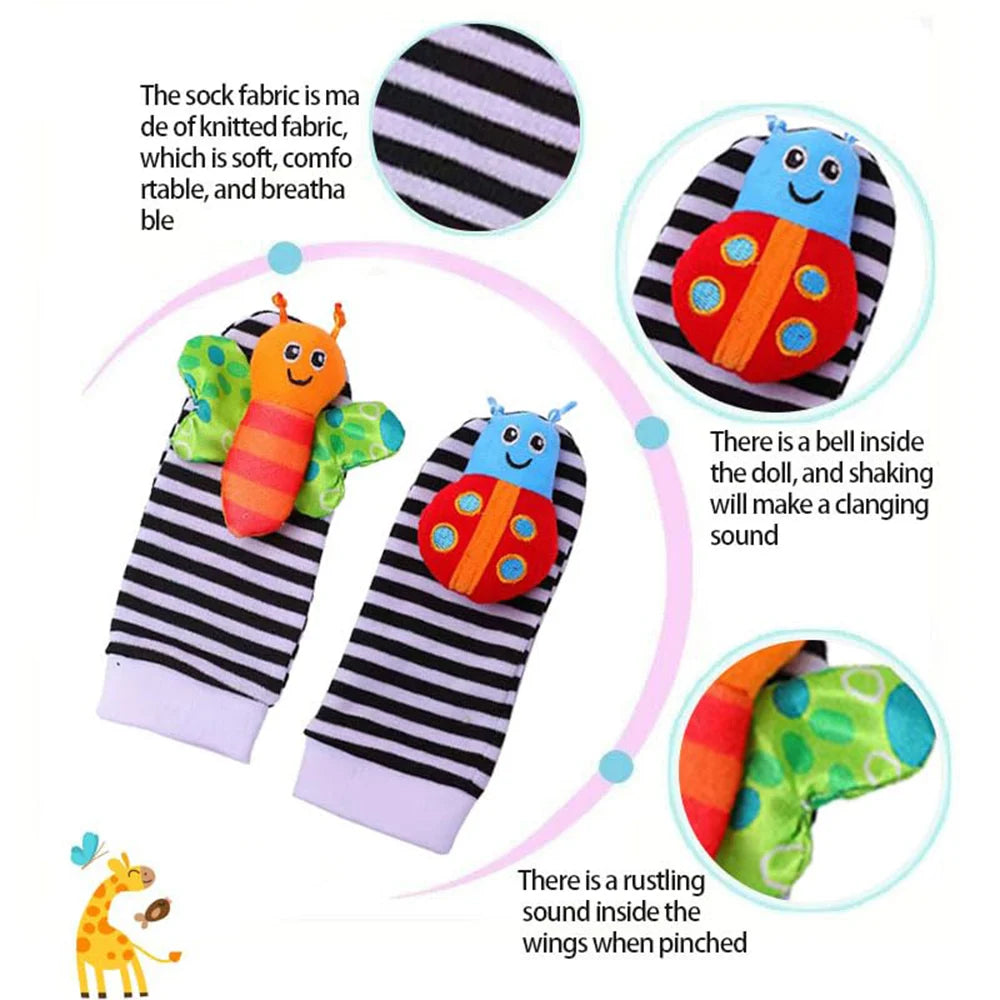 4pcs Baby Rattle Toys Cute Stuffed Animals Wrist Rattle Foot Finder Socks 0~24 Months for Infant Boy Girl Newborn Gift