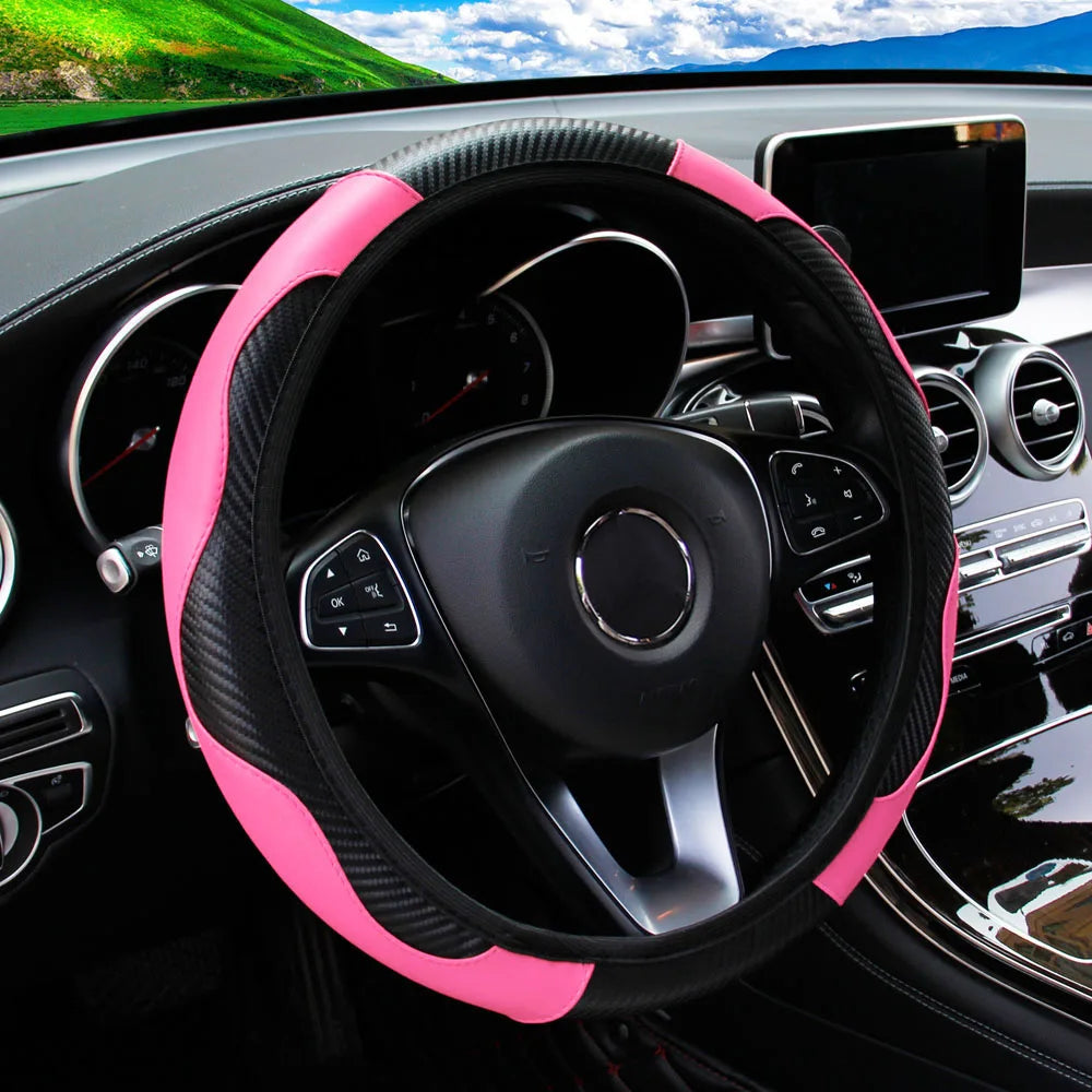 PU Carbon Fibre Steering Wheel Cover – Fits 14.5–15 Inch Wheels