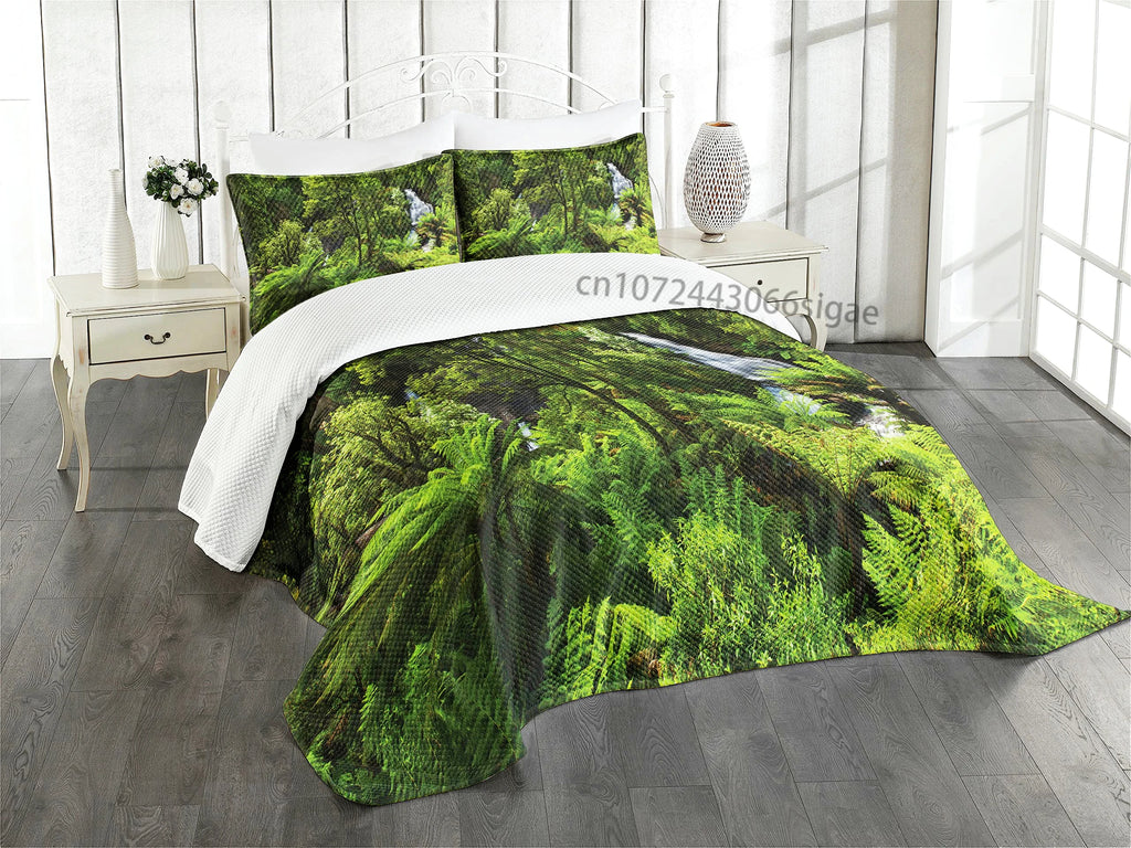 Nature Duvet Cover Set, Waterfall Flowing Decorative 3 Piece Bedding Set with 2 Pillow Shams, Queen Full Size, Fern Green Blue