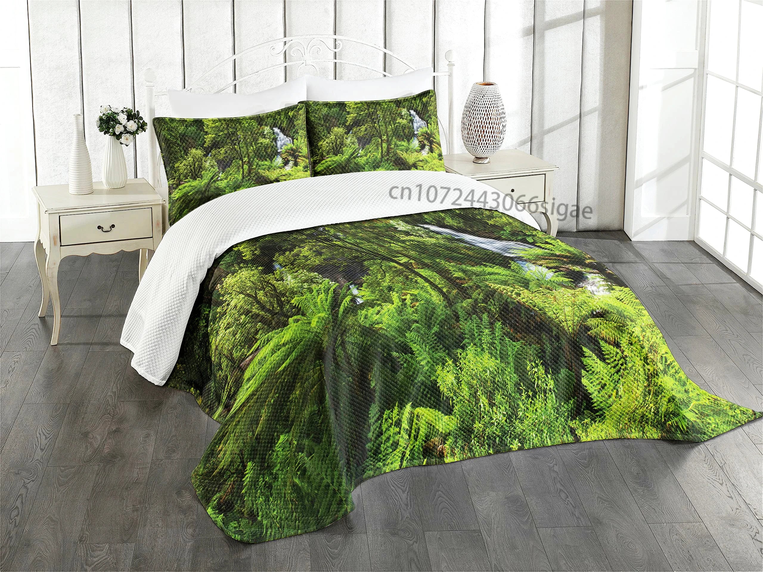 Nature Duvet Cover Set, Waterfall Flowing Decorative 3 Piece Bedding Set with 2 Pillow Shams, Queen Full Size, Fern Green Blue