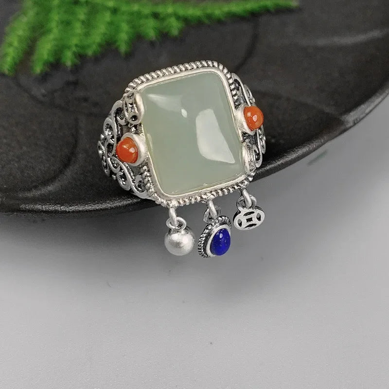 Hotan Jade & Lapis Lazuli Statement Ring – Vintage 925 Silver